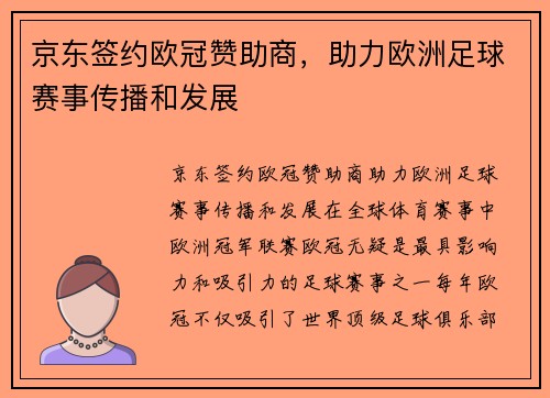 京东签约欧冠赞助商，助力欧洲足球赛事传播和发展